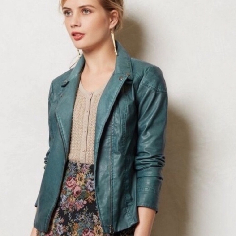 Anthropologie | Cartonnier Teal Faux Leather Moto Jacket